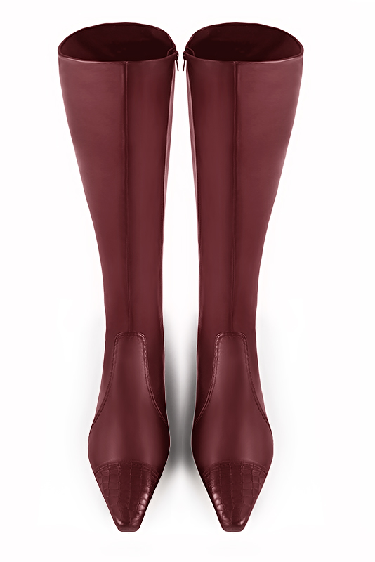 Burgundy red women's feminine knee-high boots. Tapered toe. Medium block heels. Made to measure. Top view - Florence KOOIJMAN